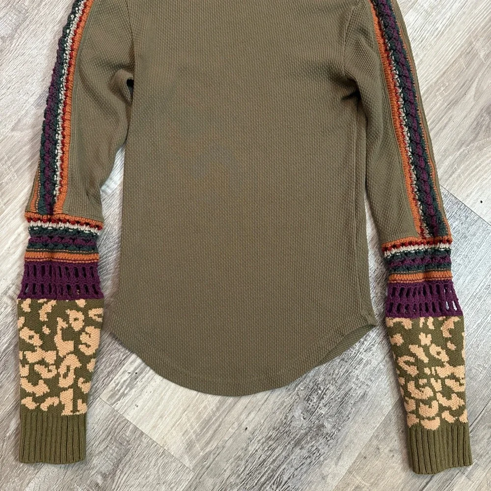 Free People Switch It Up‎ Waffle Knit Thermal Mixed Media Crochet Leopard Small